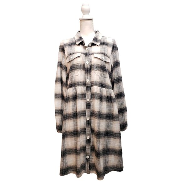 American Eagle Women's Long Sleeve Plaid Dress Size L Beige Black - Picture 3 of 9